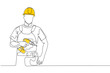 Builder man holding drill and wearing helmet. One continuous line art drawing vector sketch of builder