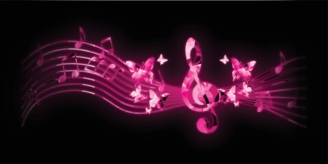 Wall Mural - Luminous musical background with neon glow musical notes, G-clef and butterflies. Fluorescent and mystical music festival poster. Live concert events invitation. Party flyer with musical notes symbols