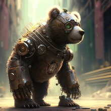 Robot Bear Standing, Futuristic Knight, Mechanical Robot Warrior, Future Warrior, Generative Ai, Electronic Animal, Brown Robot Bear