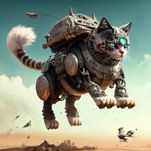 Robot Cat Jumping, Futuristic Knight, Mechanical Robot Warrior, Future Warrior, Generative Ai, Electronic Animal, Cat Spy