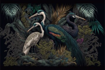 Tropical background, royal birds, peacock, heron, colorful fern leaves. Digital illustration. Generative AI