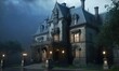 Dark Gothic Mansion in the Moon Light. Rainy Night Mystical Victorian Manor with Glowing Windows. Generative AI.