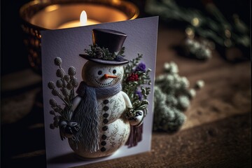 Wall Mural -  a card with a snowman on it next to a candle and a potted plant on a table. Generative AI