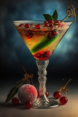  a glass filled with a liquid and cherries on a table next to a ball of candy and a green leaf. Generative AI