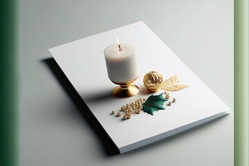 Wall Mural -  a candle and a holly on a white book with a green border around it and a gold candle holder. Generative AI