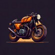  a motorcycle is shown in a stylized style on a dark background with a yellow stripe around the tire and the front tire. Generative AI