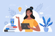 Distance learning; online business education concept.  Modern vector illustration of woman with digital tablet and books.
