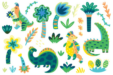 Poster - Dinosaurs and trees set in childish style