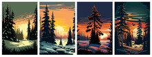 Set Of Snowy Landscape At Sunset Vector Illustration