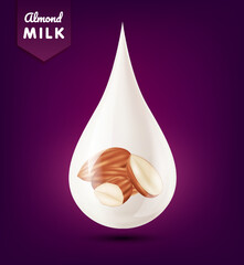 Wall Mural - Almond inside milk droplets white realistic shiny. Cream yogurt drop falling with beautiful reflection. Isolated on purple background. Used for nutrition products your design. 3d vector EPS10.