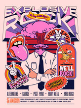 Live Rock Music Show Or Concert Or Festival Poster Or Flyer Design Template In Retro Style With Office Clerk With Explosion Instead His Head And Vintage Rock Party Stickers. Vector Illustration