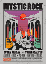 Vintage Styled Mystic Rock Music Poster Or Flyer Design Template With Retro Psychedelic Composition Of Skull And Electric Guitars And Sunset For Rock And Roll Show Or Live Concert Or Performance