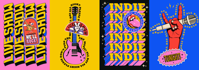live indie music show or rock music concert or party poster set with electric guitar and devil horn 