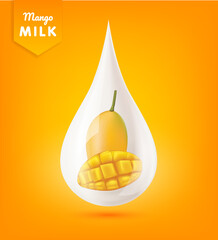 Wall Mural - Mango inside milk droplets white realistic shiny. Cream yogurt drop falling with beautiful reflection. Isolated on orange background. Used for nutrition products your design. 3d vector EPS10.