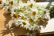 Bouquet with daisies on a wooden windowsill.