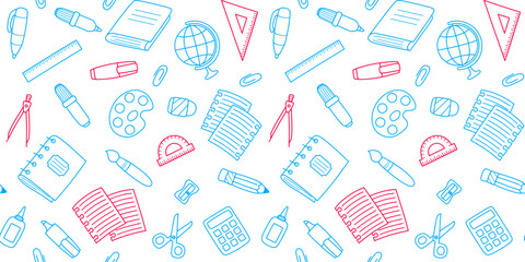 Blue and pink school supplies and office stationary on a white background. Back to school endless texture, education and business concept. Vector seamless pattern for surface texture or wrapping paper