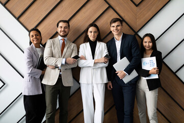 happy multicultural staff corporate employees people looking at camera, team portrait