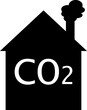 Black house with chimney and smoke lettering co2 air pollution