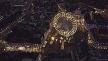 Aerial Drone View Of Lille, France, At Christmas By Night. Amazing 4K Video Of Wheel, Grand Place And Beffroi