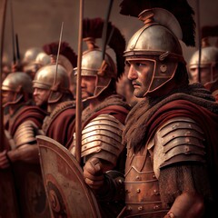 Wall Mural - The Roman ancient army is preparing for battle. A formation of Roman ancient soldiers. Generative AI Art.