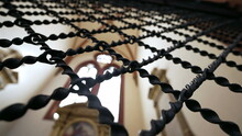 Metal Patterns Closeup Inside Church Cathedral. Iron Grid Divide