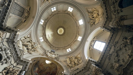 BOLOGNA ITALY CIRCA APRIL 2022 Ceiling of a Catholic Cathedral Santa Maria della Vita interior of traditional Catholic Sanctuary. Beautiful Western architecture