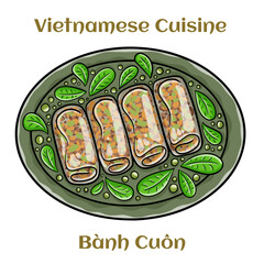 Wall Mural - Banh cuon, vietnamese steamed rice noodle roll, vietnamese popular breakfast food. Isolated vector illustration.