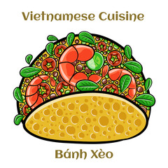 Wall Mural - Banh Xeo. Vietnamese crepes filled with pork or chicken may also, shrimp, onions and bean sprouts, and hot sauce. Isolated vector illustration.