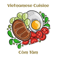 Wall Mural - Com Tam Suon vietnamese food: Delicious broken rice with egg pie and BBQ pork chop.  Isolated vector illustration.