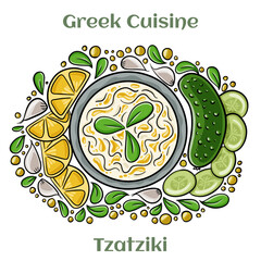 Wall Mural - Tzatziki greek sauce. Cooked with grated cucumber, yogurt, olive oil and fresh dill. Isolated vector illustration.