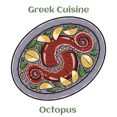 Wall Mural - Grilled octopus tentacles, served with potatoes. Traditional Greek Cuisine. Isolated vector illustration.