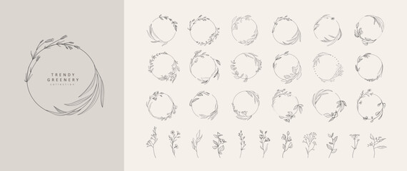 Wall Mural - set of floral desogn elements. wreath borders branch and minimalist flowers. hand drawn line wedding