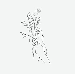Wall Mural - Concept art of blossom beauty. Elegant linear woman with floral branch and wildflowers. Minimalistic female figure and face. Vector art of femininity and beauty for logo or wall art. Botanical
