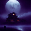 spooky asian castle in the style of japanese and chinese architecture, full moon and night, created with Generative AI