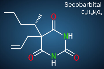 Poster - Secobarbital molecule. Barbiturate drug with anaesthetic, anticonvulsant, sedative, hypnotic properties for treatment of insomnia. Structural chemical formula on the dark blue background