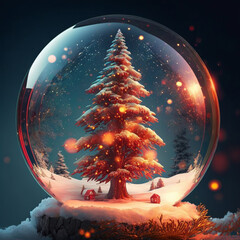 Beautiful snow globe with snowy landscape and trees on a Christmas themed background copy space | Generative Ai
