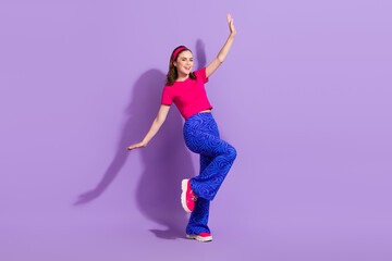 Sticker - Full length photo of lovely cute glad lady dance nightclub favorite hit song enjoy free time relax rest isolated on purple color background