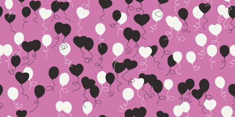 Poster - Black and white balloons seamless on pink background. Vector seamless pattern of gift balloons. For print and interior, stylish decoration.
