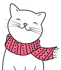 Wall Mural - Drawn cat with a scarf. A pet. Isolated illustration of a smiling cat.