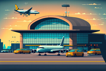 Poster - aircraft, a taxi, a vehicle, and a loader at the airport terminal building. On the runway of a contemporary metropolitan backdrop, an airplane. airports are being built with modern architecture. Vecto