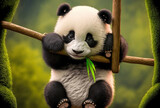 Cute and humorous baby panda hanging from bamboo. Generative AI