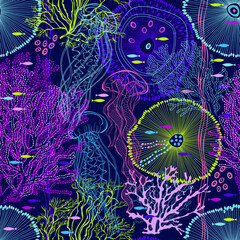 Sea. Abstract seamless pattern with underwater plants, fish and jellyfish. Vector. Perfect for design templates, wallpaper, wrapping, fabric and textile.