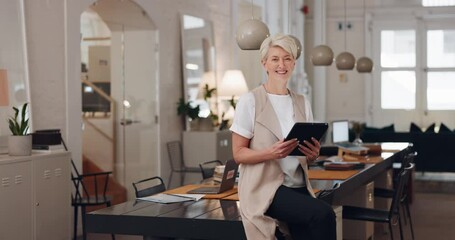 Canvas Print - Business woman with tablet, senior and ceo face in modern office, prepare for meeting and conference room with smile and technology. Professional portrait, company and executive, technology and happy