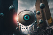 Floating cameras in the shape of giant eyeballs spying on people in large city. Big brother is watching in surveillance. Created with generative AI