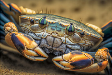 Macro closeup shot of a small crab on a sandy ocean beach. Created with generative AI.