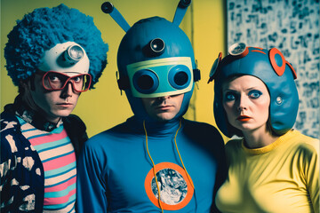 Wall Mural - Group of three actors in a vintage science fiction TV show with cheesy costumes. Created with generative AI.