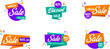© Amby's Art - Set of trendy Sale logo, Discount and offer Unit, Vivid banners in retro poster design style. Fresh colours and shapes. Orange, purple & green - Vector, Icon, Label.