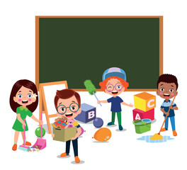 Wall Mural - cute students cleaning classroom at school