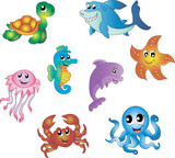 Fototapeta Dinusie - Sea animals dolphin, jellyfish, seahorse, starfish, turtle, shark, crab, octopus