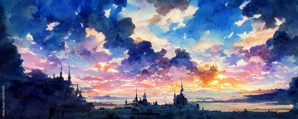 幻想的な水彩画 幻想的な水彩画1,美しい空と雲,グラデーション の Stock イラスト